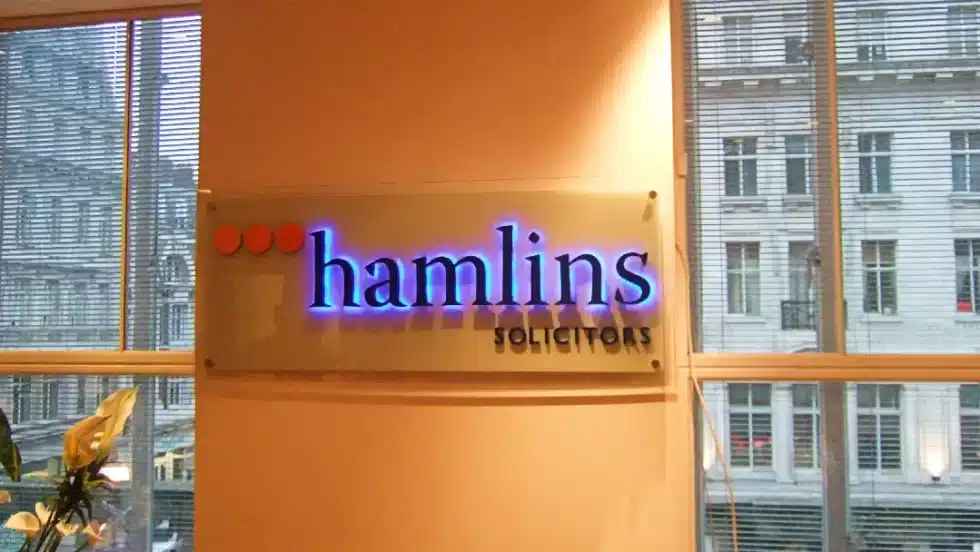 Hamlins — legal office reception signage