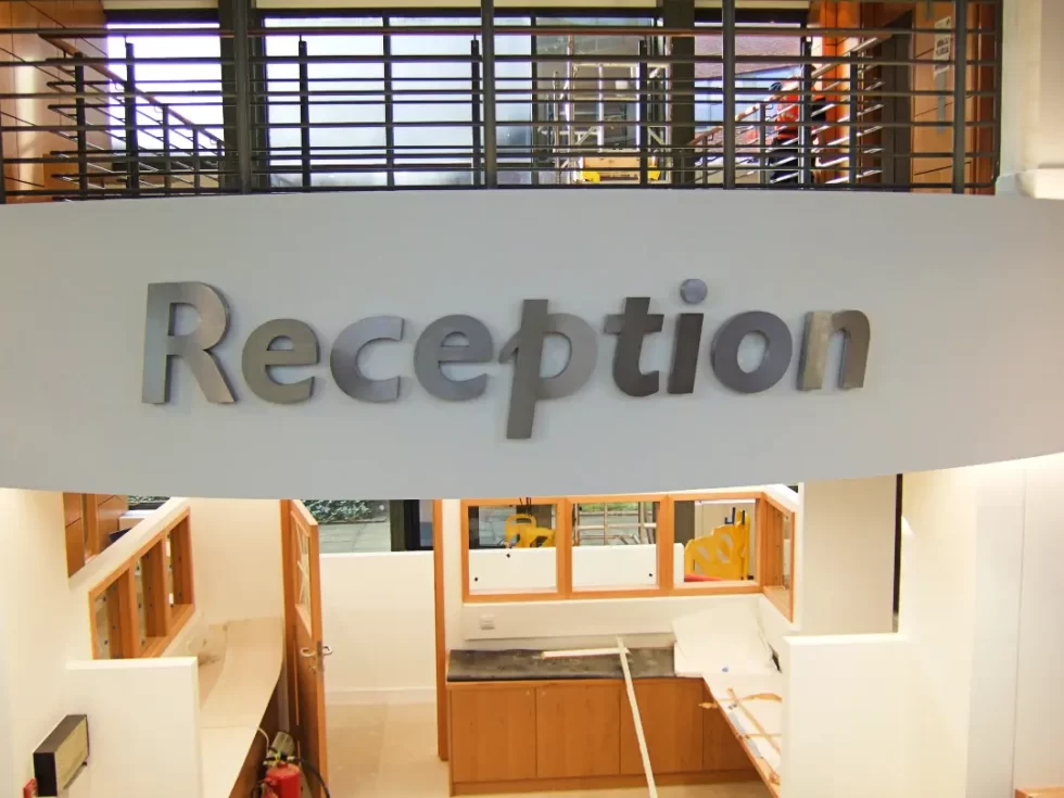 Corporate reception interior signage